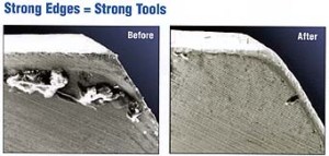 In the as-ground condition, a cutting edge is a network of defects with each grind line terminating in a micro-chip (shown in photo on left). Proper preparation eliminates these defects, resulting in a stronger edge (shown in photo on right). Photos taken at 500x.